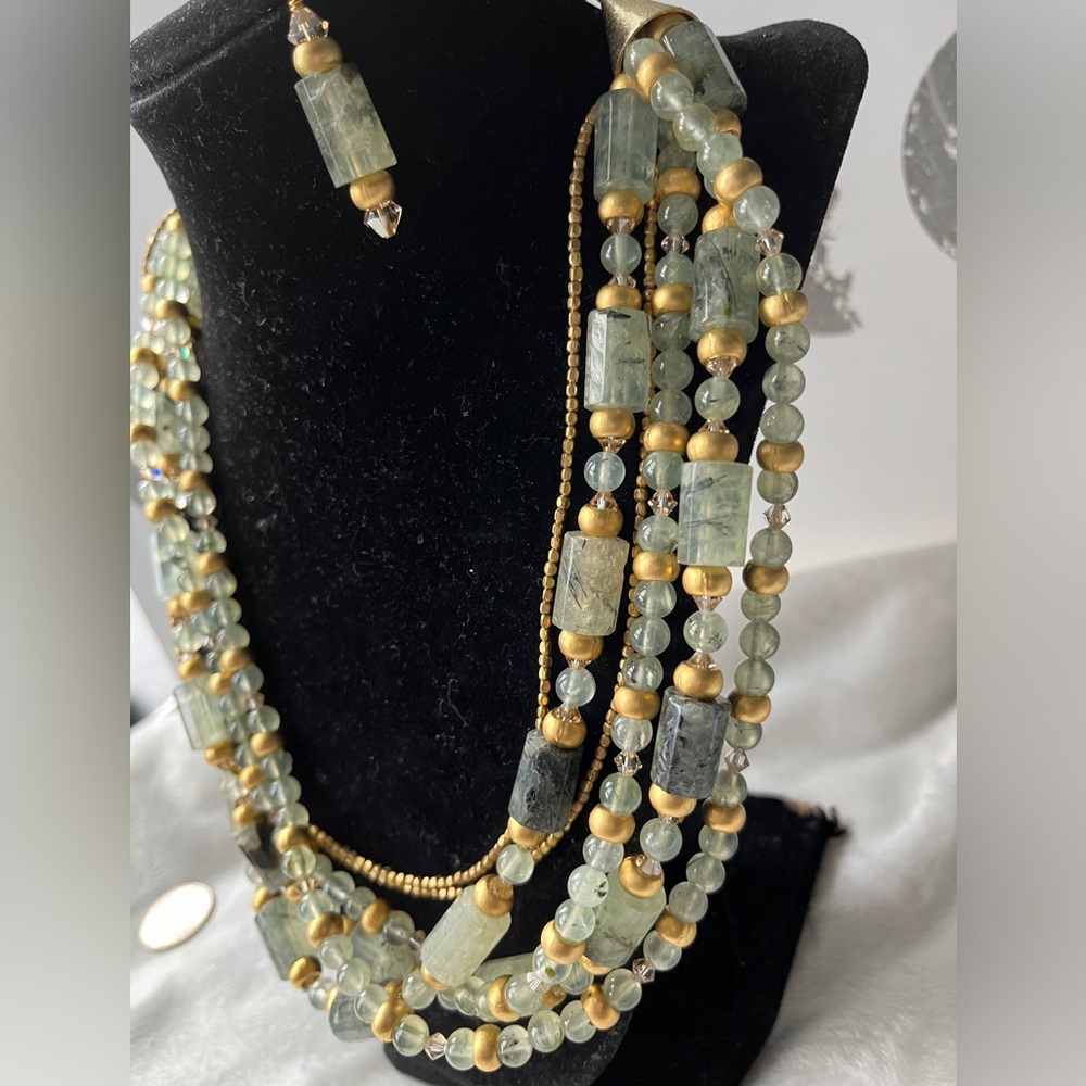 New Nastava Evergreen Prehnite Beads Statement Gold Necklace 19 - 26”